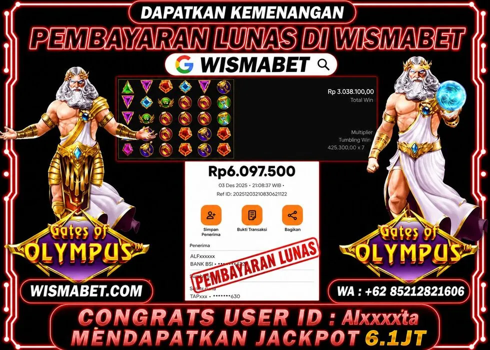 Wismabet - BUKTI KEMENANGAN JACKPOT Gates of Olympus Rp6,200,000,- LUNAS